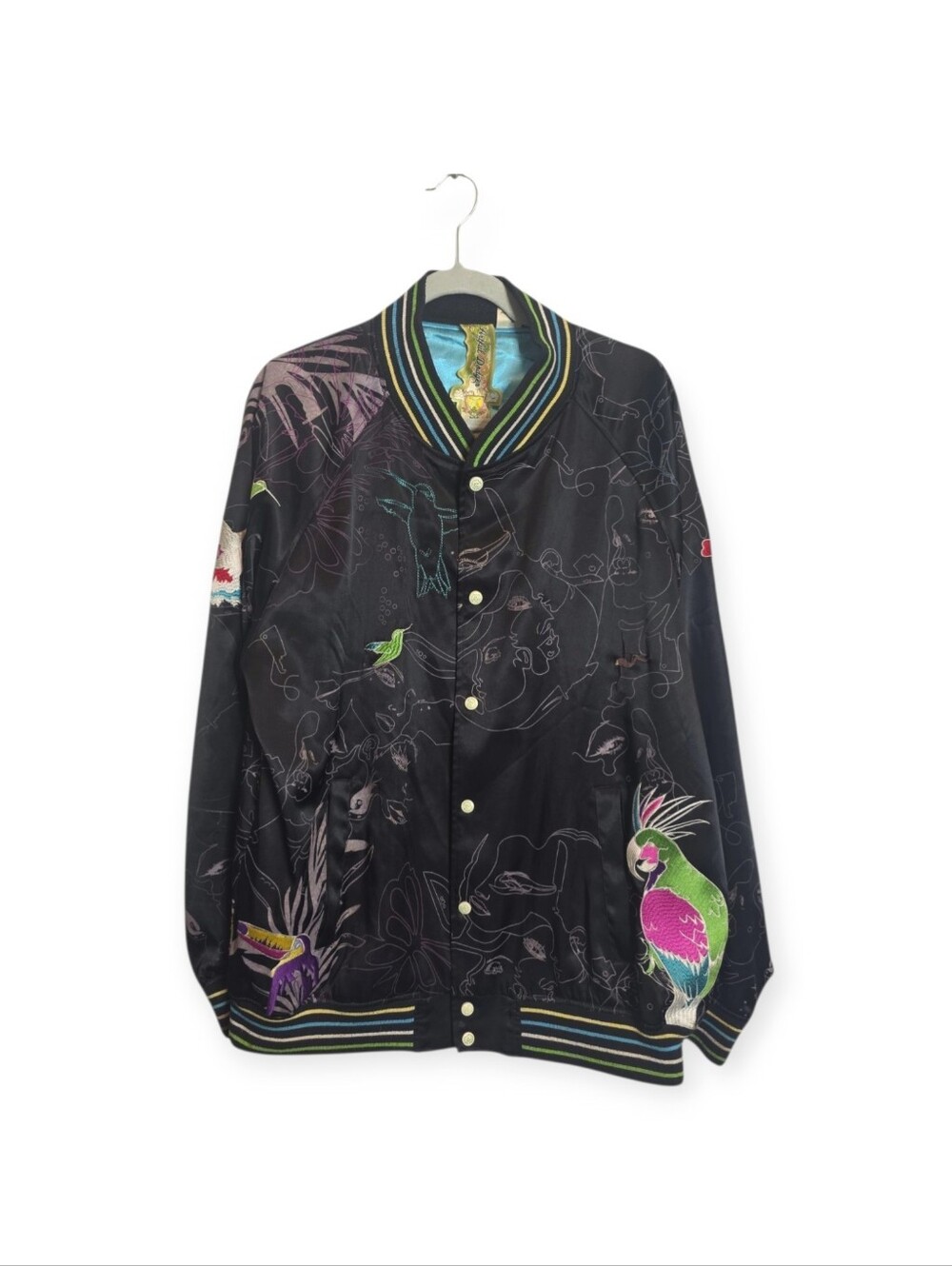 Mens Vintage Y2K Artful Dodger satin bomber jacket with embroidery, size 2XL